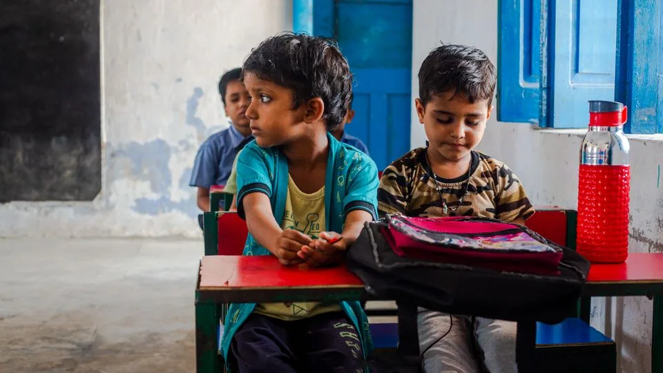 Children learning together in a rural Indian classroom